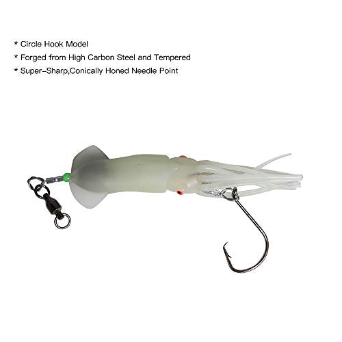 Dr.Fish Saltwater Squid Fishing Lures, 6" LED Lighted Lures 6/0 Hooks Squid Jig Rig Halibut Lincod Jig Offshore Trolling Baits Deep Drop Light Glow in Dark Mackerel Tuna Striper Lures - color: Green&White, size: 6/0 Circle Hook-6"(2.5oz)
