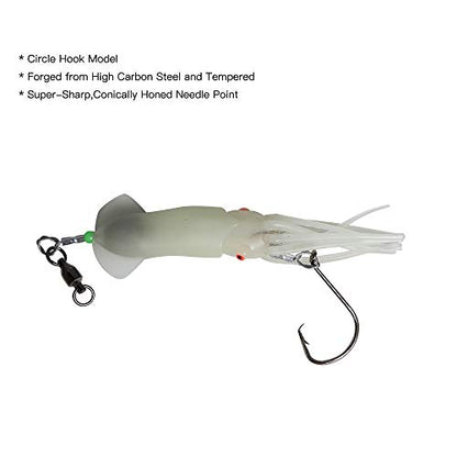 Dr.Fish Saltwater Squid Fishing Lures, 6" LED Lighted Lures 6/0 Hooks Squid Jig Rig Halibut Lincod Jig Offshore Trolling Baits Deep Drop Light Glow in Dark Mackerel Tuna Striper Lures - color: White LED, size: 6/0 Circle Hook-6"(2.5oz)