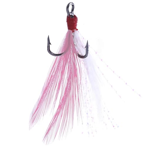 20Pcs Treble Fishing Hooks with Feather Size Stainless Steel Barbed Sharp Triple Fishhook with Box for Saltwater Freshwater - color: 20pcs-Pink White Feather, size: 8#
