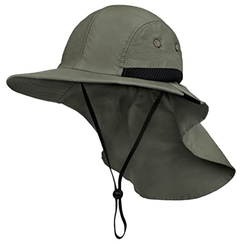 SUN CUBE UPF50+ Sun Hat for Men Women with Neck Flap, Wide Brim UV Protection Fishing Safari Hat for Hiking Beach Gardening - color: Olive