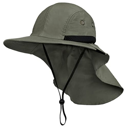 SUN CUBE UPF50+ Sun Hat for Men Women with Neck Flap, Wide Brim UV Protection Fishing Safari Hat for Hiking Beach Gardening - color: Olive