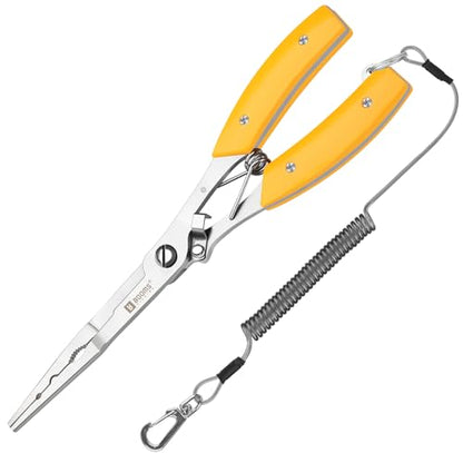 Booms Fishing Hook Remover Pliers, Long Nose, Braid Cutter, Lanyard, Yellow | Slim Long Nose Helps Reach Deep Hooks With Better Control When Handling Panfish, Trout, Bass and Other Small to Medium Fish - color: Yellow