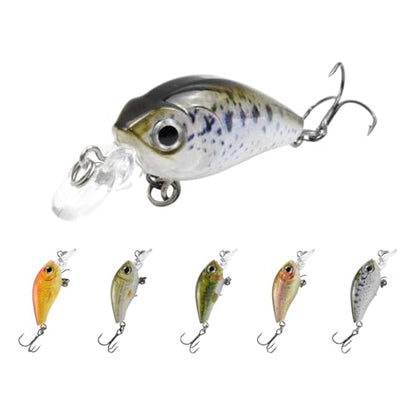 5-Pack Mini Panfish Crankbait - 1.8" 0.12oz Floating Micro Hard Lures, Built-in Rattle, 3D Eyes, Sharp Treble Hooks, Ultralight Finesse Baits for Trout, Crappie, Bluegill, Bass