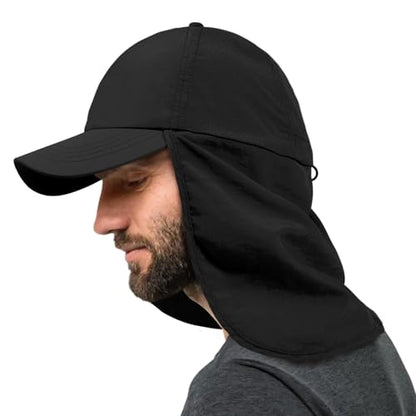 Mens XXL Sun Hats with Neck Flap UPF 50+ Waterproof Baseball Cap Adjustable Breathable Quick Dry Outdoor Fishing Hat - color: Blcak, size: Medium-Large