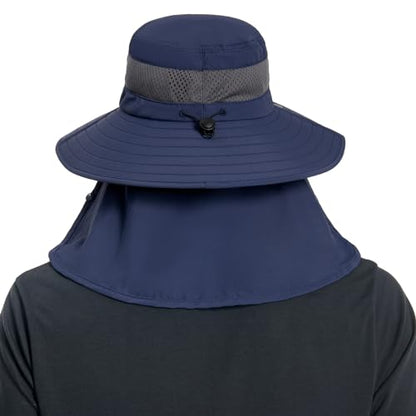 BASSDASH UPF 50+ Breathable Sun Hat with Removable Face Cover and Neck Flap Wide Brim Bucket Hat for Fishing Hiking Men Women - color: Dark Blue