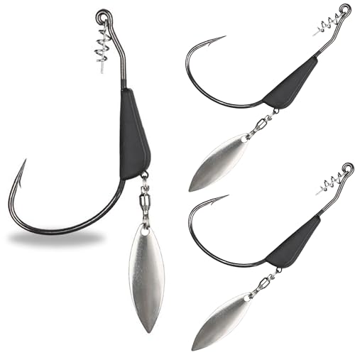 Reaction Tackle Tungsten Bladed Underspin Swimbait Hooks, Weighted Weedless Jig Heads for Bass, Pike, and Musky, Freshwater and Saltwater Fishing (3-Pack) - size: 3/8 Oz - 5/0 Hook