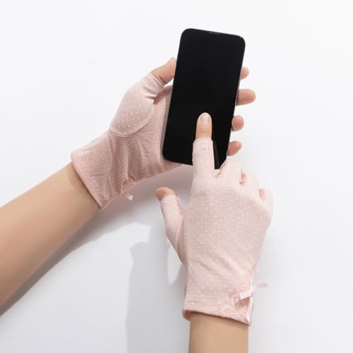Women Pink Driving Ice-Silk Gloves Sun-UV-Protection Fingerless Gloves for Summer Hiking Cycling Running SPF Lace Glove