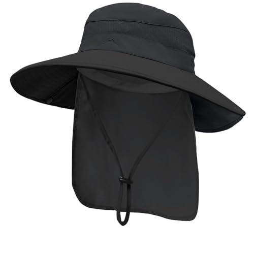 Sun Hats for Men Women, UPF50+ Protection Safari Hat,Wide Brim Fishing Hat with Neck Flap,Bucket Hats for Beach Hiking - color: Black