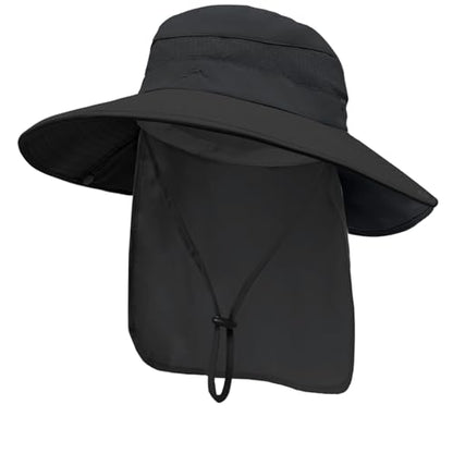 Sun Hats for Men Women, UPF50+ Protection Safari Hat,Wide Brim Fishing Hat with Neck Flap,Bucket Hats for Beach Hiking - color: Black