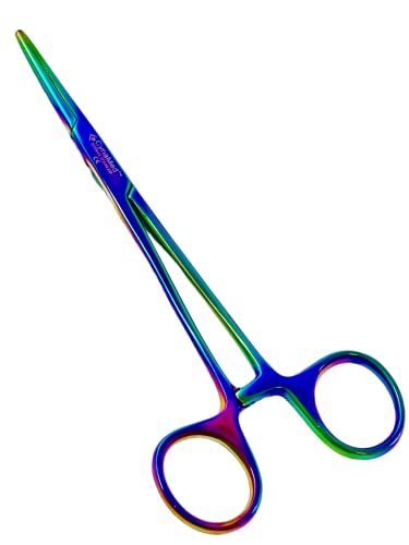Premium Hemostat Forceps Set 5.5 Inch – Stainless Steel Straight & Curved Hemostat Pliers for Piercing, Fishing, Jewelry Making, Craft & Multi-Purpose Use Multi Rainbow Titanium Coated