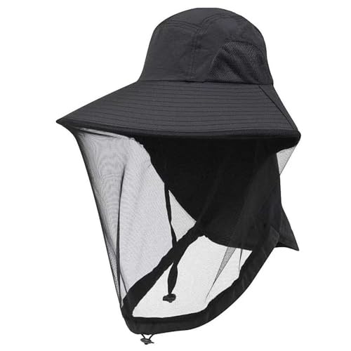 Mosquito Fishing Safari Mesh Net Hat with Neck Flap, Sun Protection Women Men Bug Cap, Hidden Netting Boonie - color: Black