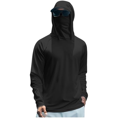 Men's UPF 50+ Sun Protection Hooded Shirt with Integrated Face Cover Long Sleeve Lightweight Rash Guard Shirts - color: C202- Black, size: Large
