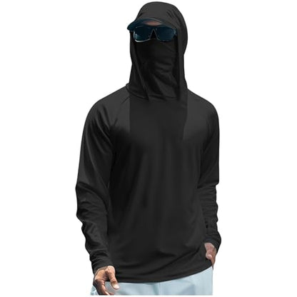 Men's UPF 50+ Sun Protection Hooded Shirt with Integrated Face Cover Long Sleeve Lightweight Rash Guard Shirts - color: C202- Black, size: XX-Large