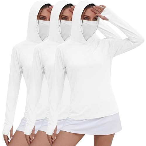 Xaatren 3 Pack Women's UPF 50+ Sun Hoodies with Face Mask Thumb Holes Quick Dry Fishing Shirts UV Protection Hiking Shirt - color: White, White, White, size: Large
