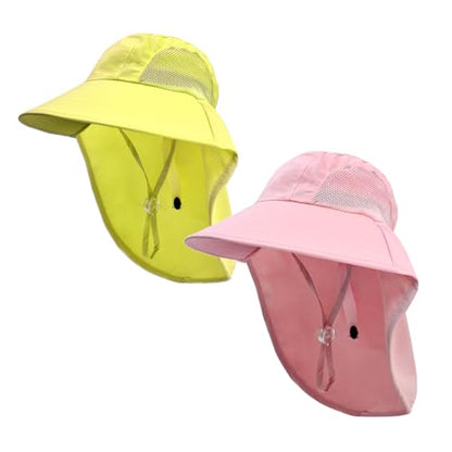 Rosoz Kids Sun Hat with Neck Flap UV Protection Summer Toddler Beach Hat Unisex Ponytail Hat Wide Brim Fishing Hat - color: Light Pink+yellow