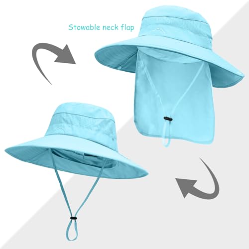 Sun Hats for Men Women, UPF50+ Protection Safari Hat,Wide Brim Fishing Hat with Neck Flap,Bucket Hats for Beach Hiking - color: Blue