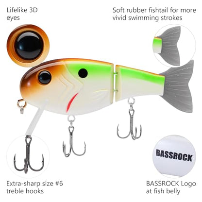 BASSROCK Topwater Fishing Lures for Bass Pike Salmon Floating Swimbait Jointed Crankbait Freshwater Saltwater 4.9in/1.76oz RK1001 - color: Brown/Green, size: 3.9in/1.04oz