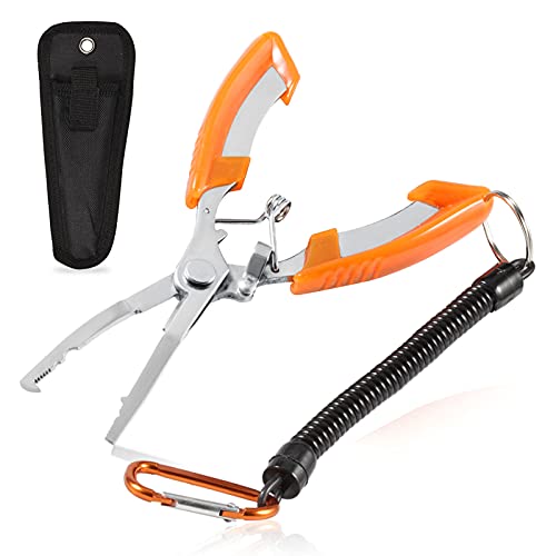 Fishing Pliers Bent Nose Stainless Steel Hook Remover Fishing Scissors Fishing Line Cutter Split Ring Pliers Wire Cutter Braid Cutter Multi-Purpose Fishing Pliers with Sheath and Lanyard - style: Bent Nose