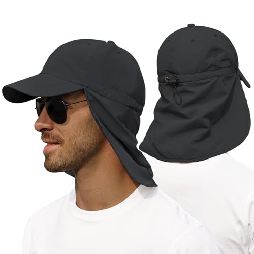Zando Sun Hats with Neck Flap for Men UPF 50+ Waterproof Baseball Cap Adjustable Breathable Outdoor Hiking Fishing Hat - color: Dark Grey