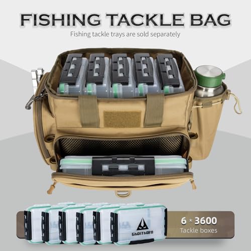 Ghosthorn Fishing Tackle Bag with Rod Holder Saltwater & Freshwater Resistant Tackle Box Bag - Adjustable Padded Shoulder Strap (Khaki) - color: Khaki, size: Standard