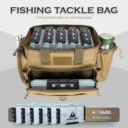 Ghosthorn Fishing Tackle Bag with Rod Holder Saltwater & Freshwater Resistant Tackle Box Bag - Waterproof Base, Adjustable Padded Shoulder Strap (Khaki) - color: Khaki--Waterproof Bottom, size: Standard