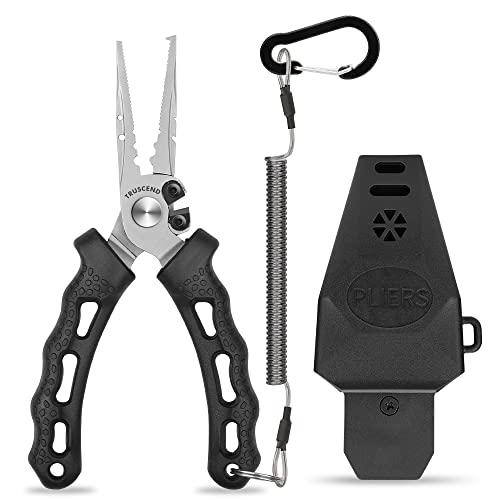 TRUSCEND Fishing Pliers with High Tungsten Carbide Cutter, Innovative Ergonomic Handy Handle, Saltwater Corrosion Resistant Teflon Coated Fishing Tool, Super Light Multi-Function Fishing Gear - color: E-black