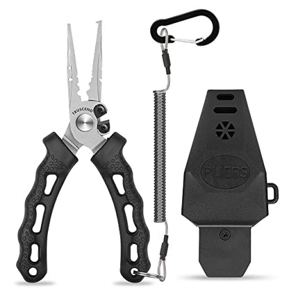 TRUSCEND Easy Use Lockable Fishing Pliers with Tungsten Carbide Cutter, Innovative Ergonomic Handy Handle, Saltwater Corrosion Resistant Teflon Coated Fishing Tool, Light Multi-Function Fishing Gear - color: E-black