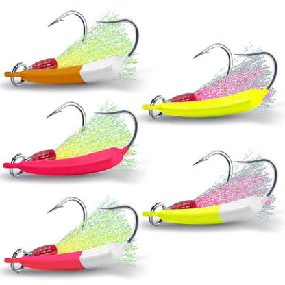 Dr.Fish 5 Pack Pompano Jigs with Teaser Hooks, Surf Fishing Jig Heads Saltwater Lure Banana Shape Stand Up O'Shaughnessy Beach Casting Halibut Striper Redfish Flounder - color: Mixed color, size: 1/4oz-Hook 2/0