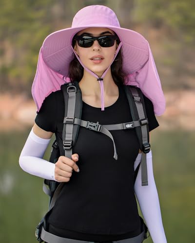 HUAMULAN Women Large Brim Sun Hat with Neck Flap, Men Quick Dry Hiking Fishing Safari Hat UPF 50+ - color: Lavender Pink ‌with Mesh Panel