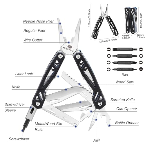 MOSSY OAK Multitool, 21-in-1 Stainless Steel Pocket Knife with G10 Handle, Screwdriver Sleeve, Self-locking Pliers with Sheath-Perfect for Outdoor, Survival, Camping, Hiking, Simple Repair - color: 21-in-1, Black