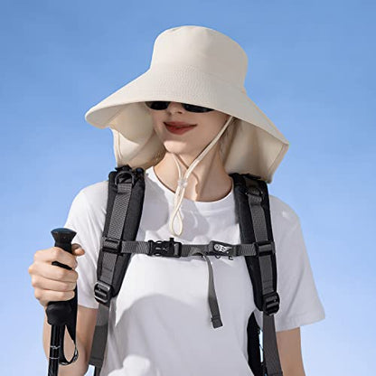 HUAMULAN Men Summer Sun Hat Women Safari Wide Brim Fishing Hats UV Protection Neck Flap Bucket Gardening Hiking Hunting Cap - color: Bg8112-beige