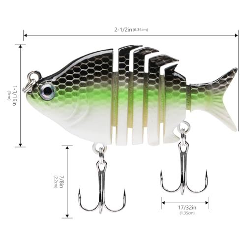 Bassdash SwimPanfish 0.34oz Hard Swimbaits Multi Jointed Topwater Trout Bass Fishing Crank Lure for Freshwater and Saltwater - color: Fluorescent White Shad