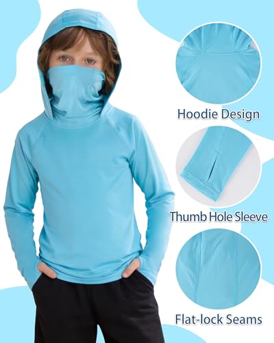 Boys Hooded Fishing Shirt with Mask, Kids UPF 50+ Long Sleeve Rash Guard Hoodie, Sun Protection Beach Swim Shirts - color: Light Blue, size: XX-Large