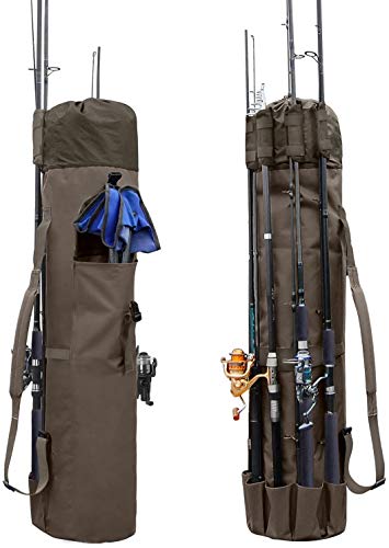Allnice Durable Canvas Fishing Rod & Reel Organizer Bag Travel Carry Case Bag- Holds 5 Poles & Tackle - color: Khaki