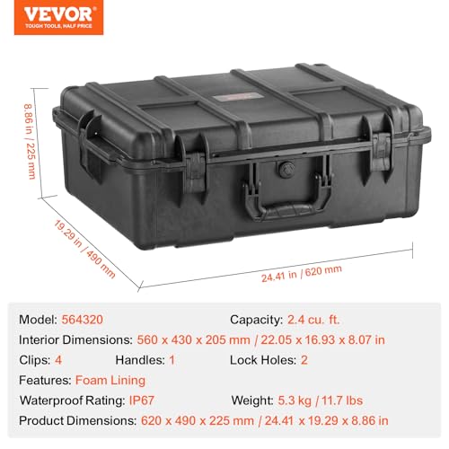 VEVOR Weatherproof Hard Case, Heavy Duty Protective Dry Box with Pre-cut Foam, and Retractable Pull Handles for Travel, Hunting, Military, Tactical, IP67 Waterproof Case for Cameras (24.4×19.3×8.9) - size: 24.41 x 19.29 x 8.86 in