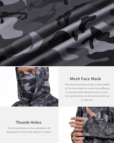 FISHEAL Men's Performance Fishing Hoodie Shirt - UPF 50+ Sun Protection Long Sleeve Thumbholes Shirts with Neck Gaiter - color: Charcoal Gray, size: Medium