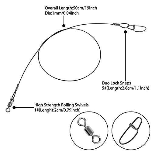 Fishing Wire Leaders Saltwater, 15pcs Heavy Duty 150LB Stainless Steel Line Leaders with Rolling Swivels and Snaps Nylon-Coated Saltwater Line Wire Leader Connect Tackle Lures Rig or Hooks 19.7inch - color: Black