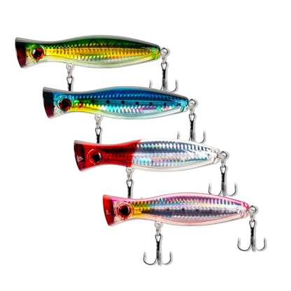 Large Top Water Popper, 4pcs 3D Eyes Tuna Popper, Saltwater Poppers Fishing Lures for Surf Fishing, Bluefish,Fishing Gt Tuna Kingfish Large Predator Fish (4.7IN) (4)