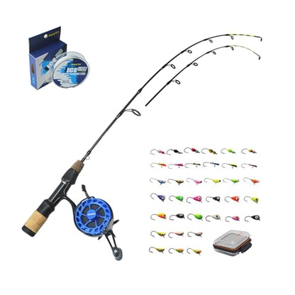 Alichino Ice Fishing Rod and Reel Combo Aluminum Inline Reel 26 Inch M/ML Rod Ice Jigs Set Box 8X PE Line Full Fishing Kit for Winter - color: Reel,Rod,PE Line and Lead Ice Jig Set
