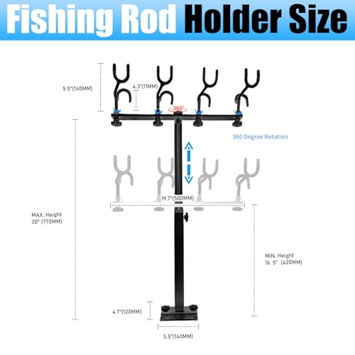 Fishing Rod Holder for Boat,Marine Fishing Pole Rack with The Function of Holding Four Fishing rods and 360 Degree Rotation & Adjustable Height,Includes mounting Plate. - color: Black
