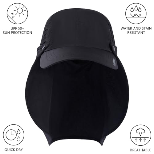 BASSDASH UPF 50+ Foldable Fishing Hat Baseball Cap with Removable Neck Flap Portable for Men Women Golf Hiking - color: Black With Unfoldable Brim