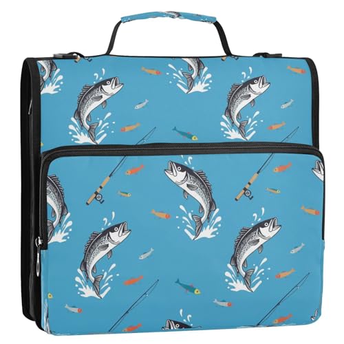 Fish Blue Lure Bass Funny 3 Ring Zipper Binder with Strap 1.5 inch 500 Sheet Capacity File Folder Storage Organizer