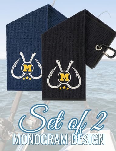 Embroidered Fishing Towels with Clip, Personalized Microfiber Towel Accessories for Fishing Lovers, 16x16 Inches, Pack of 2, Initial M - color: M