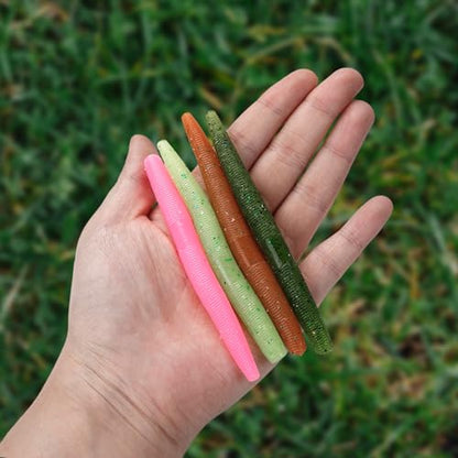 Worms for Bass Fishing FS/RE-04 | Salted Soft Plastic Fishing Lures ,with Hook Slot,Saltwater Freshwater Bass Baits - color: Green-10pcs