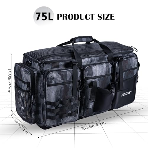 Goture Large Tackle Bag,Water Resistant Saltwater Gear Storage Big Fishing Bag with EVA Bottom,Store Up to 12PCS 3700 Plus 5PCS 3600 Tackle Trays(Not Included),Gifts for Men(26.38"x15.35"x11.42") - color: A2 Camo 2 XXL Without Trays