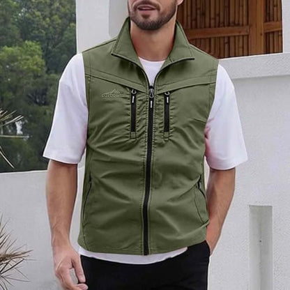Men Fishing Vest Lightweight Outerwear Golf Running Sleeveless Jacket Travel Photo Utility Vest with Zipper Pockets - color: #02 Army Green, size: X-Large