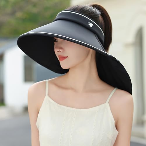 Sun Visor Hats for Women Wide Brim UPF 50+ UV Sun Protection Visor Hats Casual Adjustable Roll up Summer Beach Caps - color: B-black