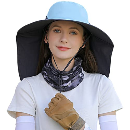 HUAMULAN Women Large Brim Sun Hat with Neck Flap, Men Quick Dry Hiking Fishing Safari Hat UPF 50+ - color: Hyp011-blue