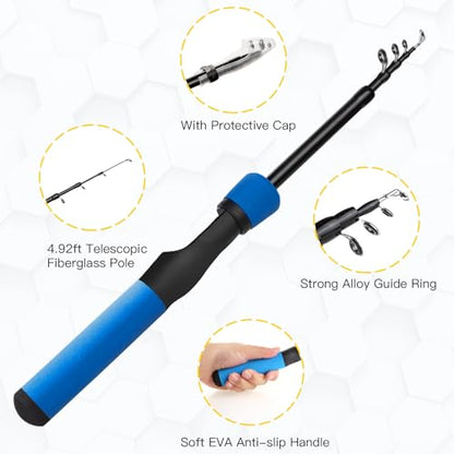 Kids Fishing Pole Kit, 59'' Telescopic Rod and Reel Beginner Combo with Spincast Reel,Tackle Box, Carrier Bag,Fishing Gear for Boys,Girls, Toddler,Youth - color: Blue