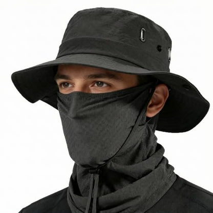 Fishing Hat with Summer Breathable Neck Gaiter, Wide Brim Sun Hat for Men & Women, Outdoor UV Sun Protection Hat & Face Mask - color: Black